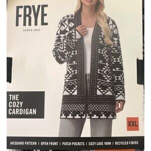 NWT Frye Womens Soft 2XL XXL Cozy Cardigan Jacquard Black White Combo Sweater